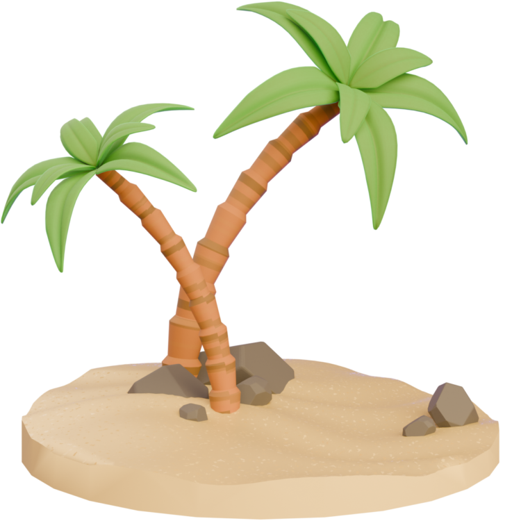 Image features a 3D-rendered island scene with two stylised Palm trees, rocks strewn at the base, and a sandy beach made in Blender. This showcases my unique ability to work in 3D software, and to implement 3D elements natively into online experiences utilising Three.js