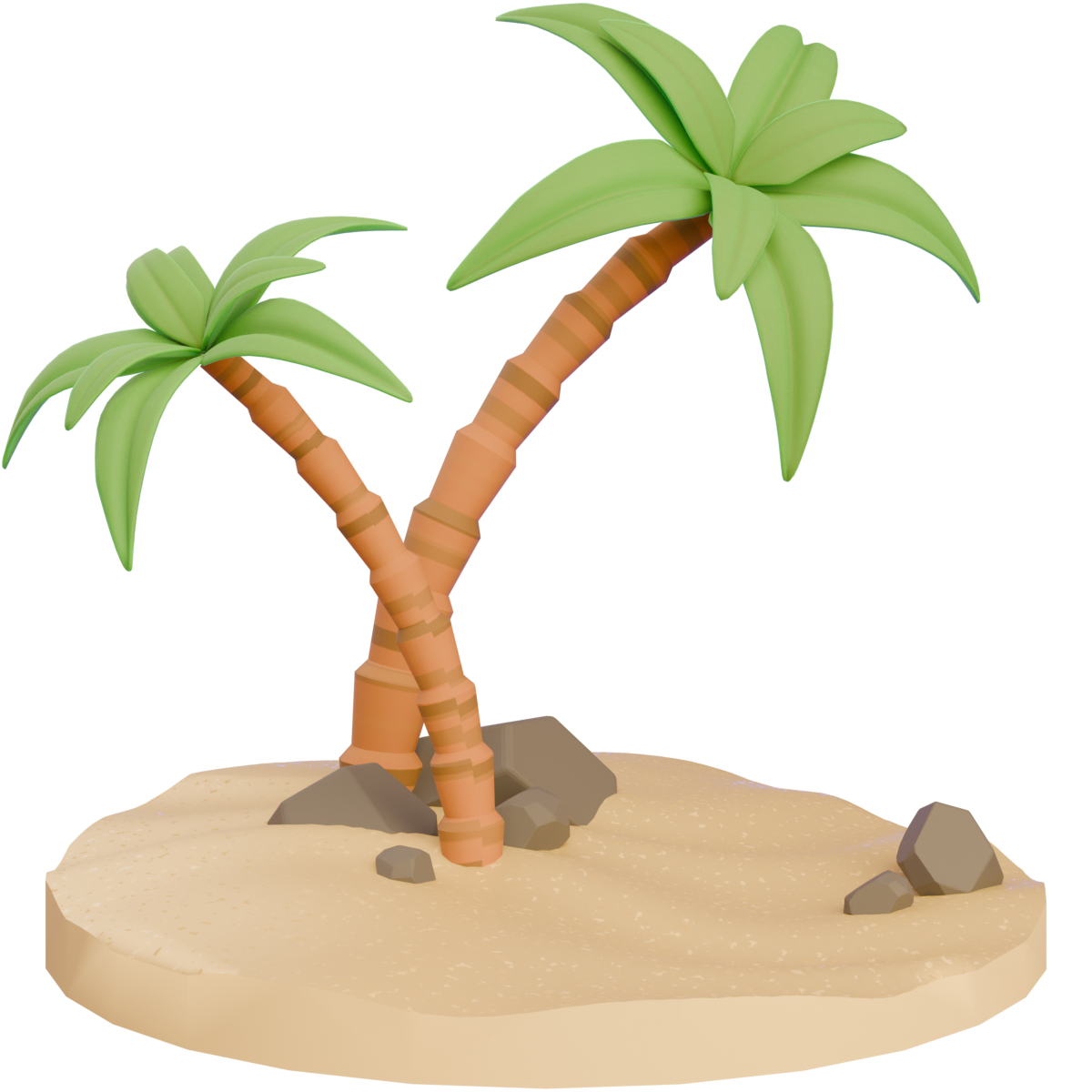 Image features a 3D-rendered island scene with two stylised Palm trees, rocks strewn at the base, and a sandy beach made in Blender. This showcases my unique ability to work in 3D software, and to implement 3D elements natively into online experiences utilising Three.js